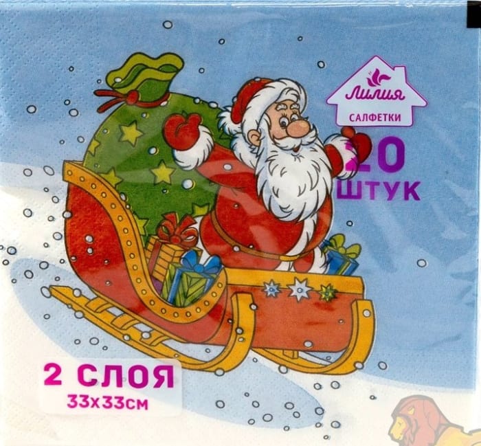 Салфетка бумажная НГ 2-х/двухслойная 33*33 "Лилия" (20 лист.пач), ДЕД МОРОЗ В САНЯХ Салфетка бумажная НГ 2-х/двухслойная 33*33 "Лилия" (20 лист.пач), ДЕД МОРОЗ В САНЯХ
